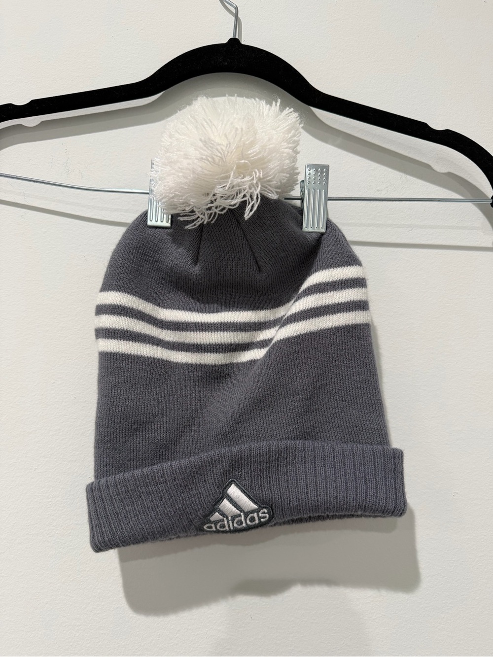 adidas Gray Knit Pom Beanie with White Stripes